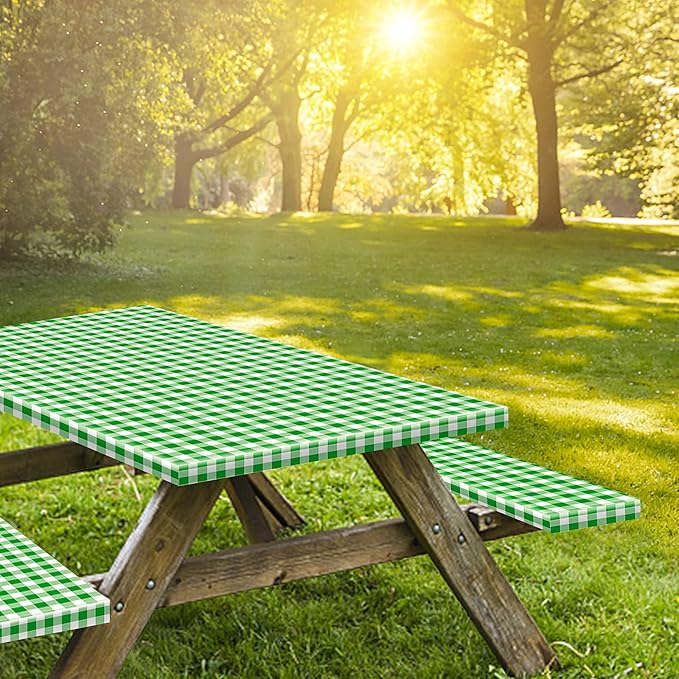 KENOBEE 6ft Picnic Table and Bench Cover, Camping Essentials RV Gear, 72in Waterproof Windproof Outdoor Elastic All Around Tablecloth, Fitted Rectangle Tables and Seats, Green-White Checkered