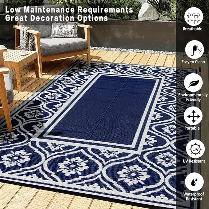 HUGEAR Outdoor Patio Rug 5'x8' Waterproof Outside Area Rugs Blue Reversible Plastic Straw Carpet for RV Deck Camping Entryance Porch Picnic Balcony Beach