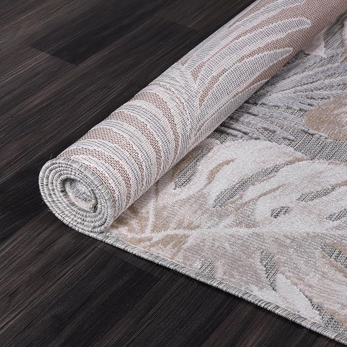 CAMILSON Indoor Outdoor Rug, Beige 7’10”x10’ Leaf Tropical Botanical Area Rugs for Indoor and Outdoor patios, Easy-Cleaning Non-Shedding Living Room, Garden and Kitchen Washable Outside Carpet (8x10)