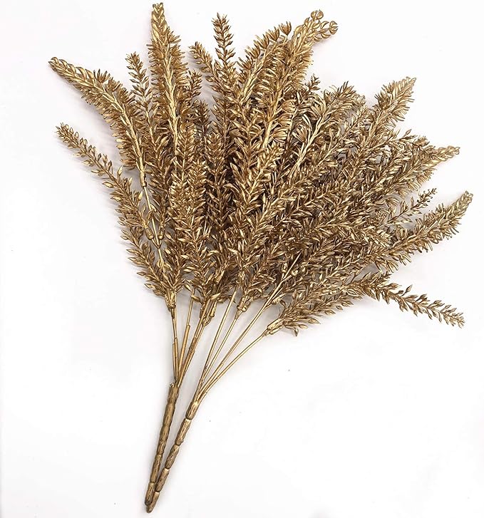 CATTREE Artificial Plants for Christmas Decoration, Plastic Grass Faux Shrubs Fake Lavender Leaves Simulation Wheat Ears Bushes Home Indoor Garden Wedding Hall Table Planter Filler - Gold 2 Pcs