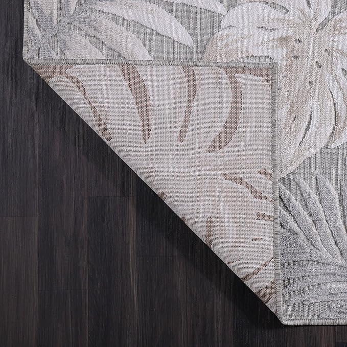 CAMILSON Indoor Outdoor Rug, Beige 9’x12’ Leaf Tropical Botanical Area Rugs for Indoor and Outdoor patios, Easy-Cleaning Non-Shedding Living Room, Garden and Kitchen Washable Outside Carpet (9x12)