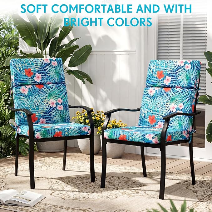 4 Pack Outdoor High Back Chair Cushion, 44 x 20 inches Patio Chair Cushions Waterproof Rocking Cushions Indoor Furniture Seat Pad, Weather Resistant (Plants,Blue)
