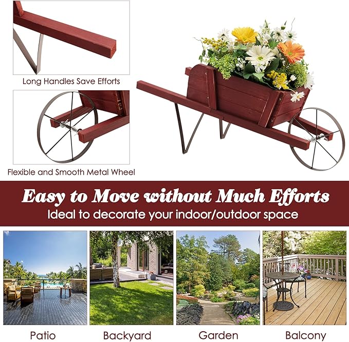 S AFSTAR Wood Wheelbarrow Planter, Flower Plant Pot Wheelbarrow Cart w/Metal Wheel & 9 Replaceable Magnet Accessories, Wooden Wagon Planter Wheelbarrow Decor for Outdoor Garden Backyard (Red)
