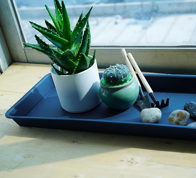 2 Pack Plastic Plant Saucer, Rectangular, Indoors Outdoor, Drip Tray for Flower Pot, Windowsill (6 X 11 Inch, Blue)