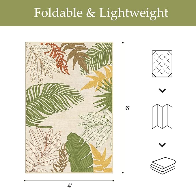 GENIMO Outdoor & Indoor Area Rug 4'x6', Waterproof, Non-Shedding, Easy Cleaning, Leaf Mat for Patio, Living Room, Balcony, Dining Room, RV, Deck, Bedroom, Camping, Outside Carpet, Olive Mustard