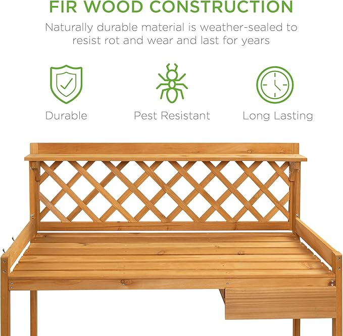 Best Choice Products Outdoor Garden Potting Bench, Wooden Workstation Table w/Cabinet Drawer, Open Shelf, Lower Storage, Lattice Back - Natural