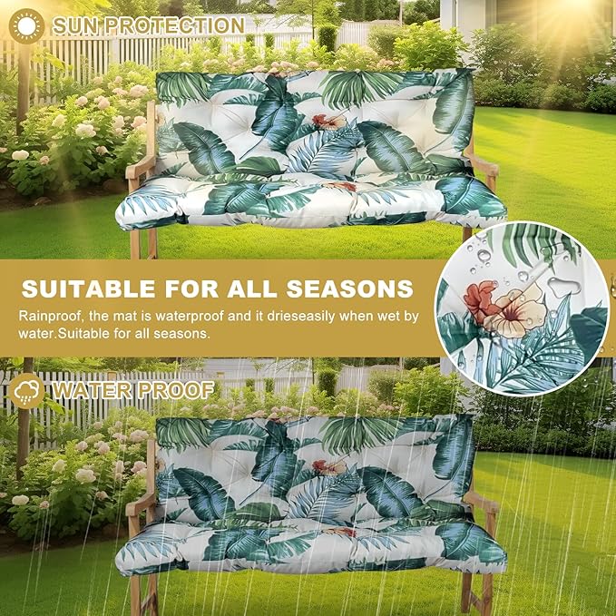 60" Porch Swing Cushion with Backrest, Waterproof Outdoor Bench Swing Cushions 3 Seater Replacement Thickened Swing Cushions with Ties for Patio Garden Backyard,Hawaiian Flower,60x40in