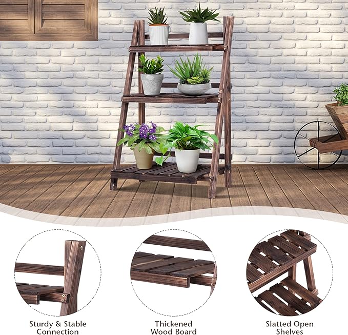 Giantex 3 Tier Folding Wooden Plant Stand, Indoor Flower Pot Holder Display Rack, Free Installation Corner Plants Storage Shelf, Foldable Rustic Wood Ladder Shelf for Home Patio Balcony Garden
