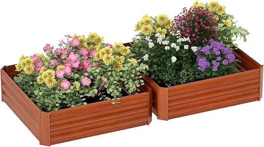 Outsunny 2 Piece Galvanized Raised Garden Bed, 3.3' x 3.3' x 1' Metal Planter Box for Growing Vegetables, Flowers, Herbs, Succulents, Dark Brown