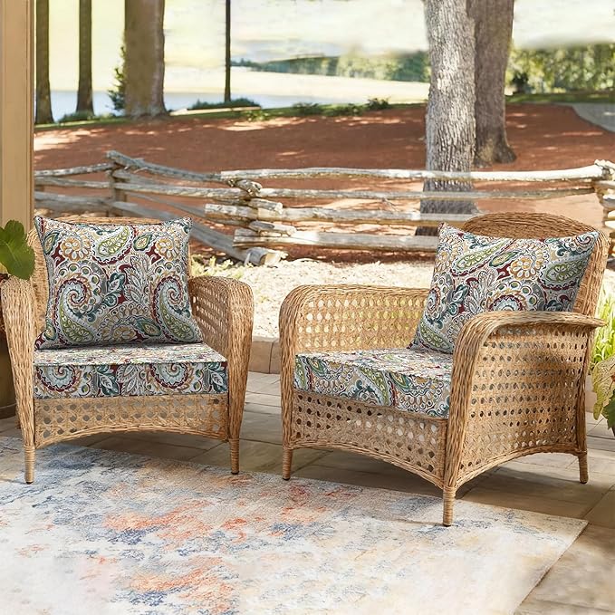 Outdoor Deep Seat Cushion Set, Water Repellent 24"x24" Patio Thick Cushions Replacement with Seat & Back Pillow for Patio Sofa, Wicker Chair, Couch - Paisley Chilli