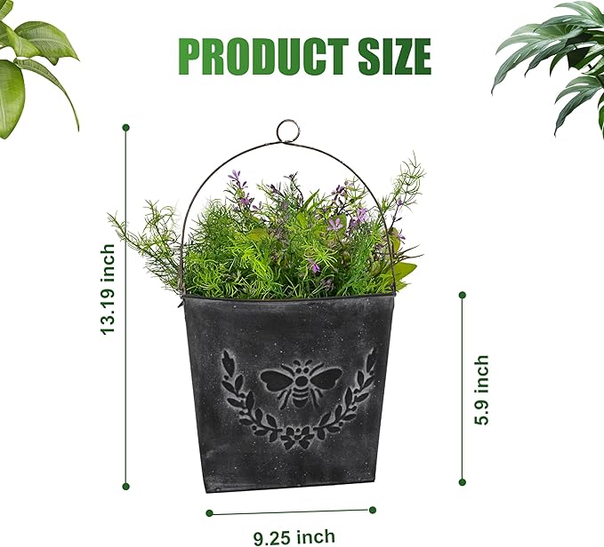 CVHOMEDECO. Farmhouse Wall Mount Metal Flower Pots Rustic Galvanized Bee Flower Holder Wall Hanging Pocket Planter for Indoor, Outdoor and Wall Decor, Set of 2 (Matt Black)