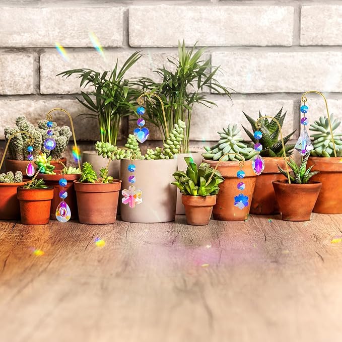 Potted Plant Trellis with Colorful Crystal Sun Catchers, 6.7 Inch Metal Plant Stakes, Fairy Stakes for Mini Potted Plant Decoration for Home Window Garden (8 Pack)