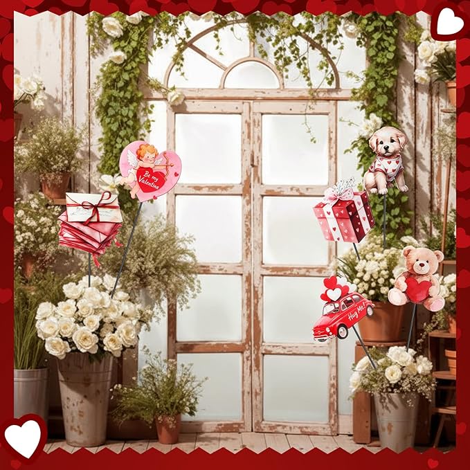 Pickmesh 6 Pcs 12" H Valentine's Day Metal Yard Sign Vintage Valentine Metal Yard Sign Barn Garden Stake for Planter Pot Walkway Pathway Outdoor Decor Lawn Decoration