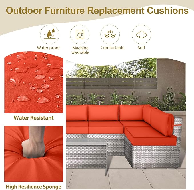 Outdoor Replacement Cushions for Patio Furniture,14-Piece Patio Water-Resistant Replacement Sofa Cushions,Fits 6-seat Sectional Rattan Conversation Set,Liner&Cover (Orange)