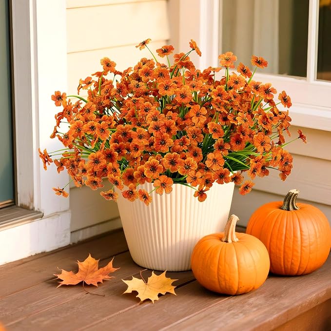 Artificial Mums Fall Fake Flowers for Outdoors, 12 Bundles Faux Mums for Outdoor Planters Autumn Decorations,UV Resistant Silk Flowers for Front Porch Garden Patio Home Decor(Orange)