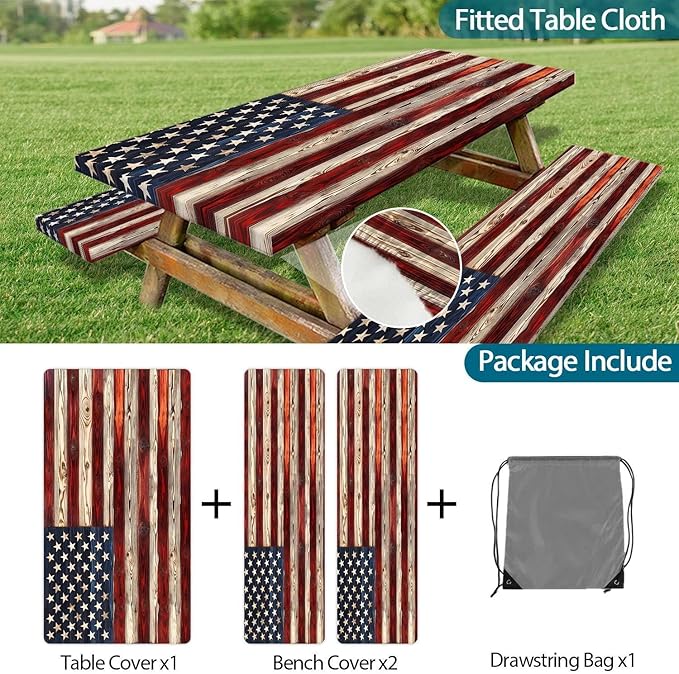 Picnic Table Cover with Bench Covers Elastic Edges, American Flag Wooden Camper Fitted Table Cover, Outdoor Camping Essentials, Waterproof Camping Fitted Tablecloth with Drawstring Bag, 72In 3PCS