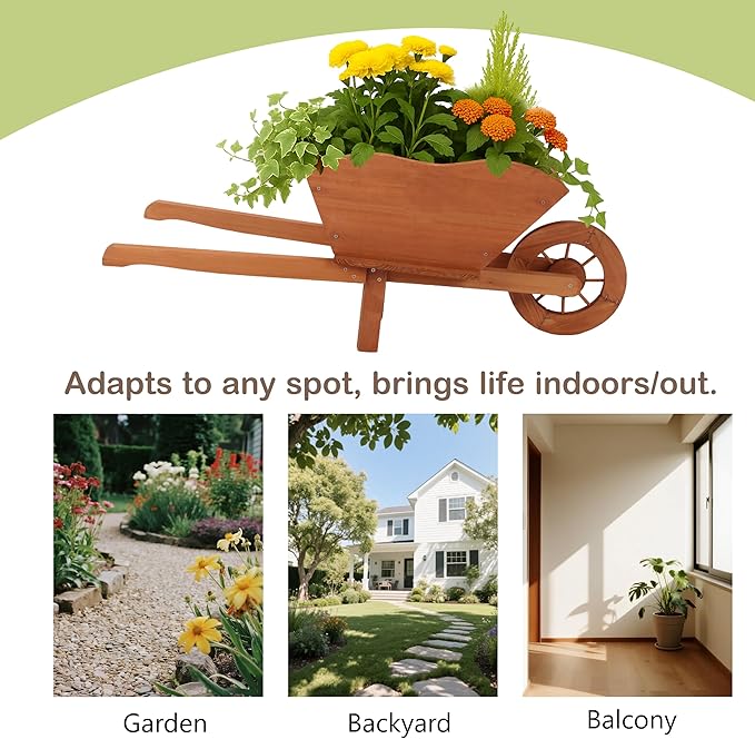 Beipoo Decorative Wooden Wagon Planter Box, Wood Wheelbarrow Planter with Handles, Drainage Hole, Wagon Garden Planter, Flower Cart for Indoor Outdoor Decor