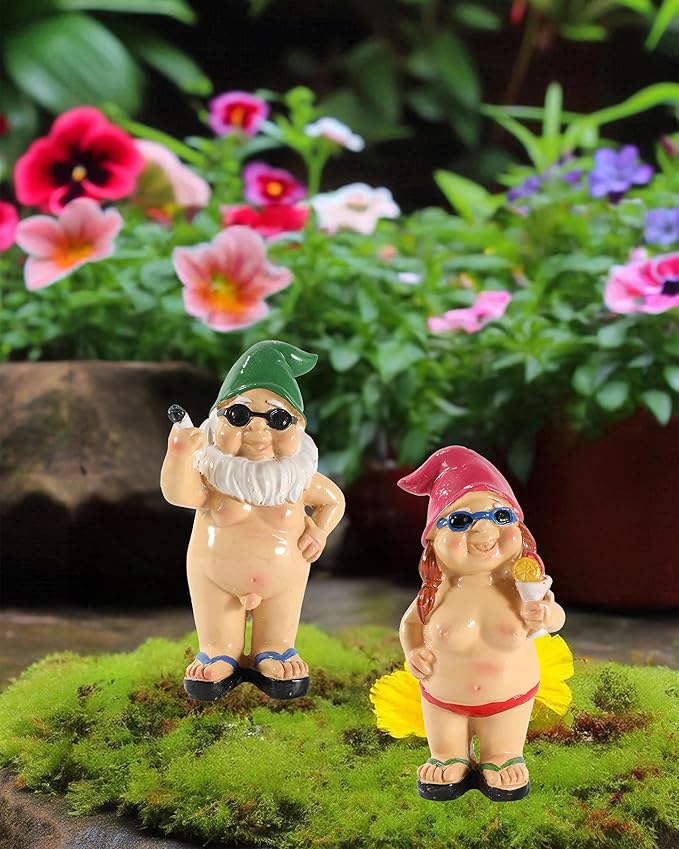 Set of 2 Funny Naked Gnomes Statues - Durable Resin 4.7'' Garden Gnome Figurines Perfect for Indoor and Outdoor Decor - Gnomes Gifts for Women Man (Oval)