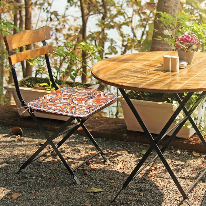 GUEGLSA Outdoor Indoor Waterproof Seat Cushions,16x16 Inches Patio Chair Cushion with Ties,Machine Washable Seat Pad for Home Garden Kitchen Dining Office Chair,Set of 2, Orange Paisley