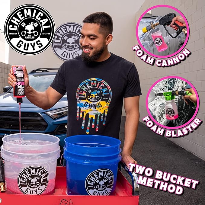 Chemical Guys CWS_402CW 14-Piece Arsenal Builder Car Wash Kit W/Foam Gun, Bucket and (5) 16 oz Car Care Cleaning Chemicals (Works w/Garden Hose) with Mr. Pink Foaming Car Wash Soap, 16 oz