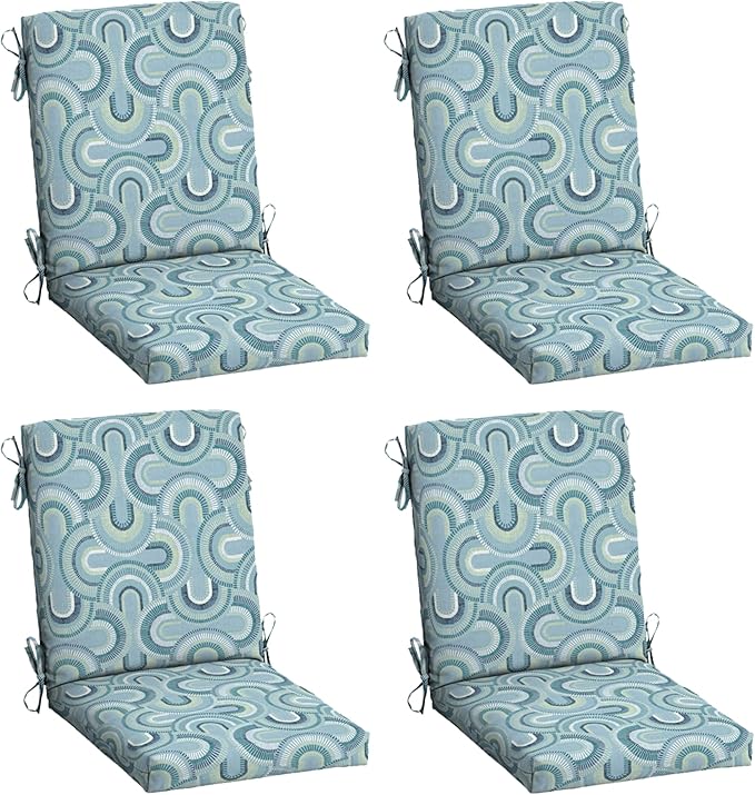 Arden 4-Pack Outdoor Patio Dining Chair Cushion, 20x44, Rain-Proof Seat Pad, Fade-Resistant Outdoor Cushion Coastal Blue Geometric