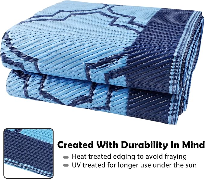 SAND MINE Reversible Mats, Plastic Straw Rug, Modern Area Rug, Large Floor Mat and Rug for Outdoors, RV, Patio, Backyard, Deck, Picnic, Beach, Trailer, Camping (5' x 8', Blue Quatrefoil)