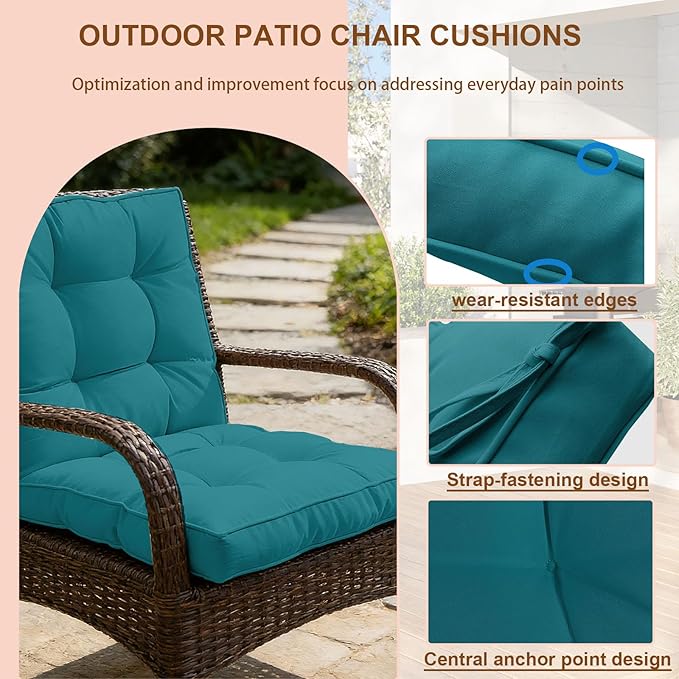 2 Piece Outdoor Patio Chair Cushions, Fade Resistant Outdoor Cushions for Patio Furniture, 6 inch Thickened Rocking Chair Cushions Set (Turquoise, 24x24x6 inch - 2 Pieces)