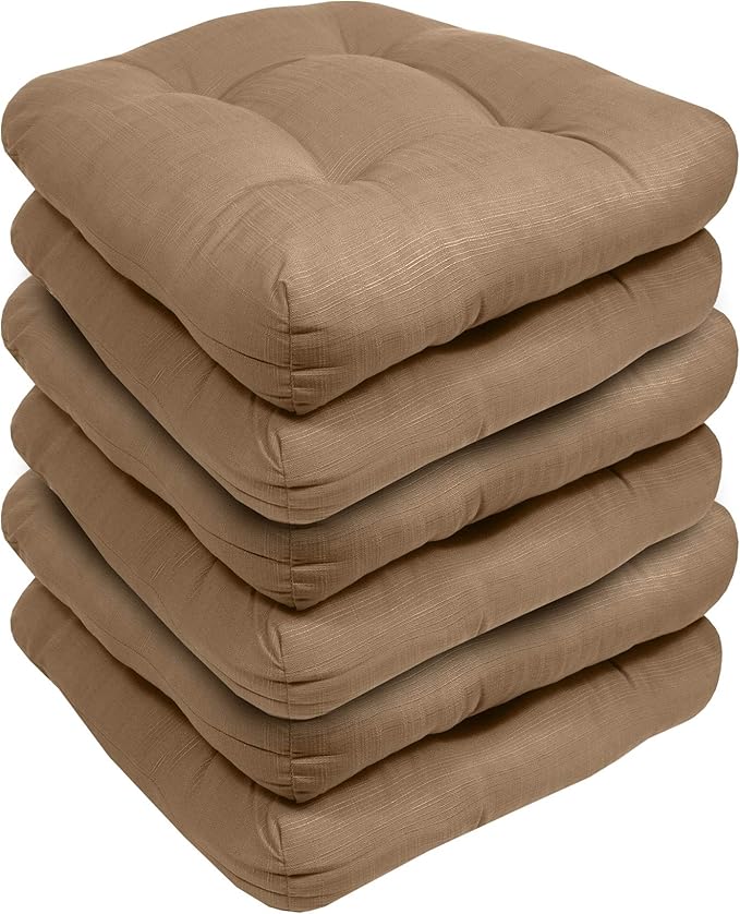 Sweet Home Collection Patio Cushions Outdoor Chair Pads Premium Comfortable Thick Fiber Fill Tufted 19" x 19" Seat Cover, 6 Pack, Taupe