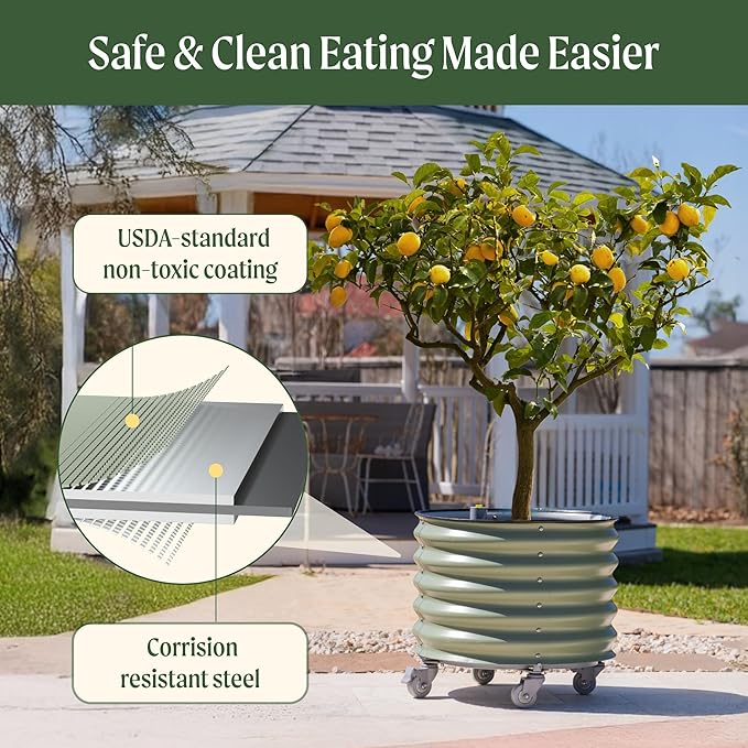 Rolling Metal Citrus Tree Planter, Self-Watering Round Large Pot for Growing Trees Tomatoes Vegetables and Flowers, Raised Garden Bed with Wheels for Porch Patio & Backyard, Twin Pack-Pearl White