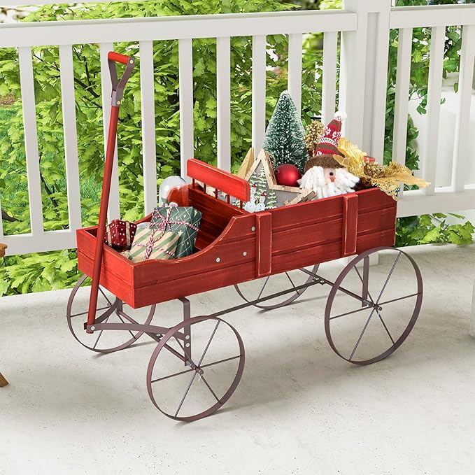 HAPPYGRILL Wooden Wagon Planter, 24.5” x 13.5” x 24” Decorative Garden Planter w/ 2 Planting Sections, Wheels, Handle, Small Decorated Cart, Flower Planter Box for Indoor Outdoor Patio (Red)