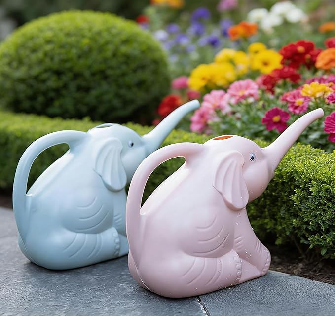 2L Elephant Watering Can, Plastic Watering Kettle with Ergonomic Handle, Long Mouth Patio Sprinkling Watering Bottle Pot for Home Garden Lawn Yard (Pink)