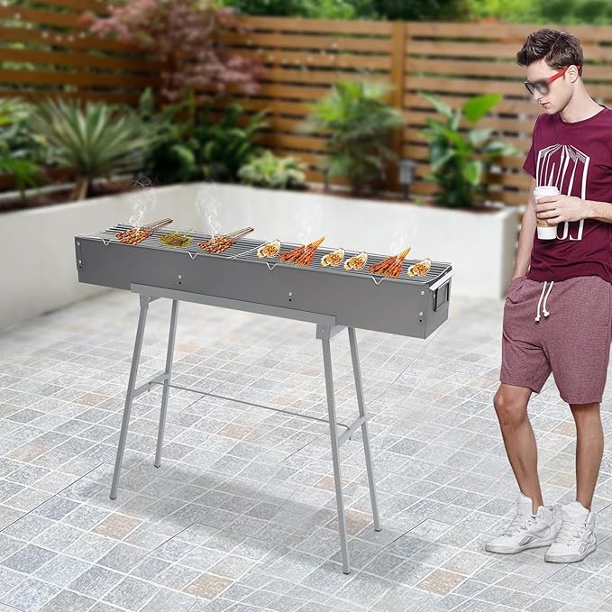 39.3" x 7" Charcoal Grills, Portable Stainless Steel Folded Camping Grill,Barbecue Grilling Accessories for Garden Backyard Party Picnic Travel Home Outdoor Cooking Use