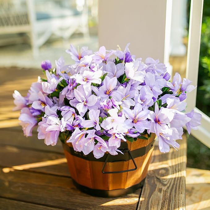 INSPRING Artificial Fake Flowers for Outdoors Spring Summer Decor, Faux Azalea Plants 3 Bundles Silk Flowers UV Resistant Realistic Outdoor Flower for Planters Porch Patio Garden Window Walkways Home