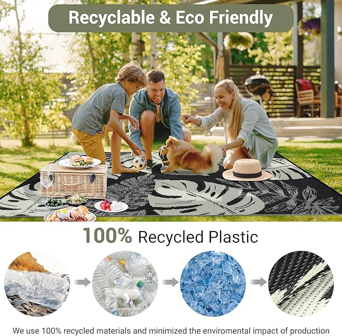 Waterproof Plastic Straw Outdoor Rug 9x18 Patio Reversible UV Resistant Foldable Camping Carpet Modern Leaf Print Large Outdoor Rugs for Deck, Porch, Camper, Balcony, Beach，Black/Beige