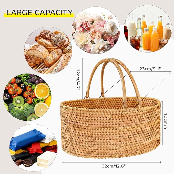 Rattan Picnic Basket with Handles, Oval Wicker Gift Basket for Wedding, Camping(12.6"×9.1"×4")