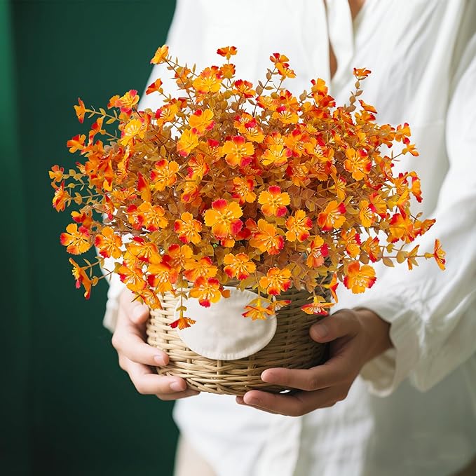 Artificial Fall Flowers Faux Mums, Autumn Outdoor Indoor Decor, Fake Daisy Plants with Eucalyptus Leaves Grass, Orange Flowers UV Resistant Greenery for Porch Patio Boxwood Home Garden, 12PCS