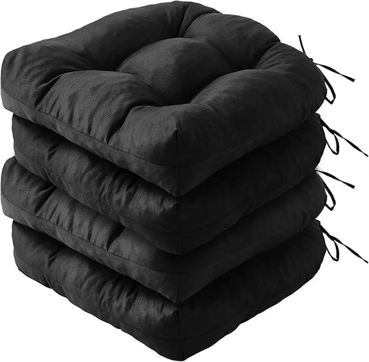 Outdoor Chair Cushions Set of 4, Patio Chair Cushions with Ties,19x19+5” Tufted Outdoor Seat Cushions, Waterproof Patio Furniture Cushions, Outdoor Dining Chair Pads, Black