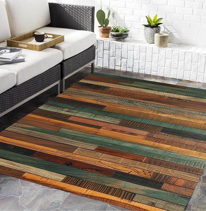 Retro Natural Brown Green Orange Wood Slats Outdoor Rug for Patio Deck Backyard Garden Front Porch Rustic Wood Grain Print Rugs Breathable Waterproof Washable Outdoor Carpet 2x6 Anti Slip Mat