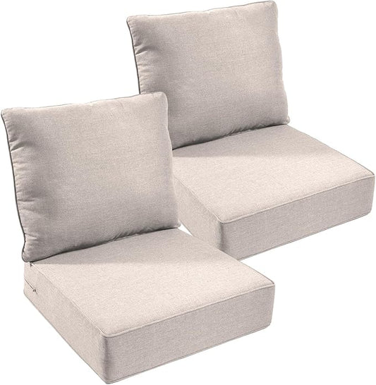Outdoor Chair Cushions Set of 2, Waterproof 24x24 Patio Chair Cushion, 6" Thickened Seat cushions for outdoor furniture, Replacement Couch Cushions, Include 2 Back & 2 Seat Cushions, Thick/Beige