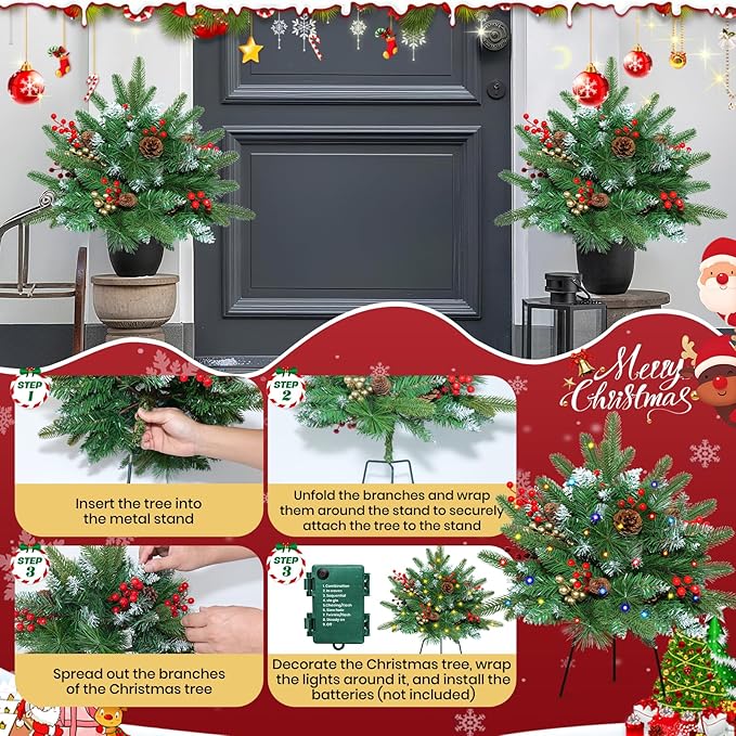 Set of 2 23.6 Inch Lighted Outdoor Christmas Tree Christmas Planter Filler with Remote, 8 Modes, Battery Operated Urn Filler Porch Decorations with Pine Cones, Red Berries for Pathway Yard Home Decor