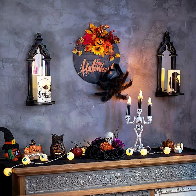Candle Sconces Black Wall Decor - Gothic Dark Mirror Wall Candle Holder for Halloween Art Decorations - Wood Farmhouse Candles Sconce Set of 2 for Home Fireplace