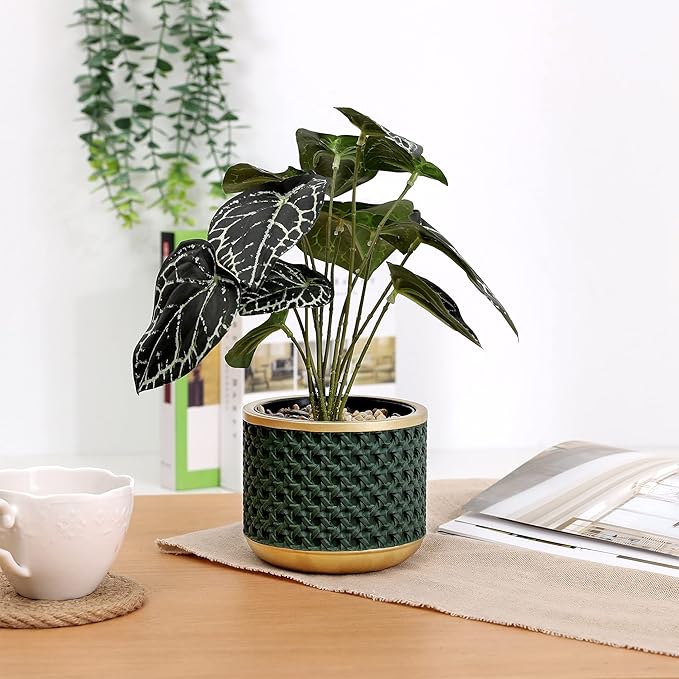 6&4.4 Inch Cement Planter Decorative Pots with Drainage Hole for All House Plants, Succulents, Flowers, and Cactus (Gold Green)