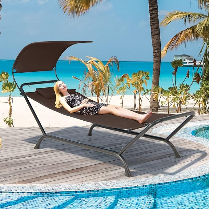 Giantex Hanging Hammock with Stand, Patio Hanging Chaise Lounge Chair w/Canopy, Cushion, Pillow & Storage Bag, Heavy Duty Swing Hammock Bed for Garden Lawn Backyard Patio Poolside Porch (Brown)