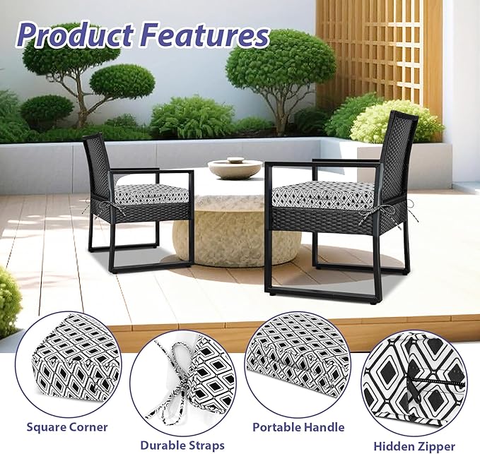 Outdoor Chair Cushions Set of 4,Waterproof Outdoor Seat Cushions for Patio Furniture,Patio Chair Cushion with Handle and Ties, Out Door Chair Pads,17" x 16" x 2", Black Geometry