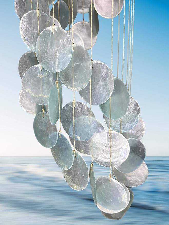 Top Brass Capiz Shell Spiral Wind Chime – 30” Tall Coastal-Inspired Outdoor & Indoor Hanging Chime with Stainless Hanging Ring – Relaxing Breezy Sound for Patio, Porch, Garden Décor