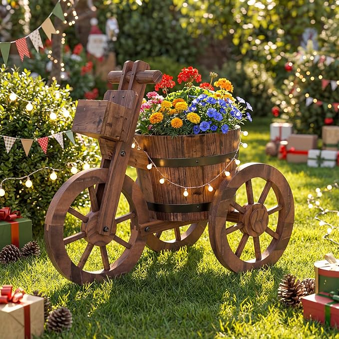 Giantex Wooden Wagon Planter with Wheels, Rustic Wood Plant Stand with Drainage Hole for Flowers Herbs Vegetables, Indoor Outdoor Decorative Garden Flower Cart for Patio Backyard Balcony (2)