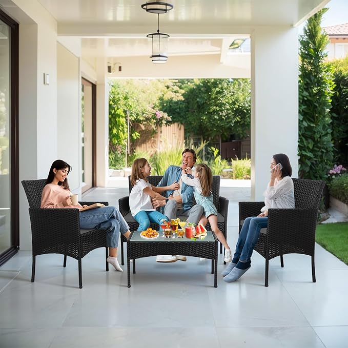 PROHIKER 4 Piece Outdoor Wicker Patio Conversation Furniture Set, Rattan Chair Wicker Sofa Garden Conversation Sets with Cushion and Glass Table for Yard Pool or Backyard, Black/Gray