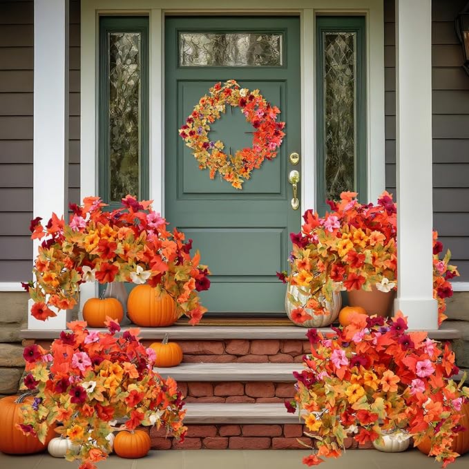4PCS Artificial Fall Flowers Plants for Outdoor Decoration,Fall Silk Faux Flowers Petunias Planter for Garden Porch Yard Thanksgiving Day Harvest Festival Autumn Indoor Decor