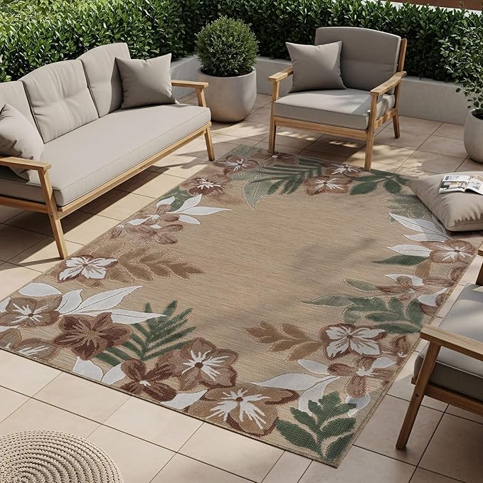 Outdoor Rug 5x7 Washable Area Rugs Indoor Outdoor Carpets Beige Border Floral Non Shedding Waterproof Easy Clean Patio Deck Porch Living Room Bedroom Garden RV (5 X 7 Beige)