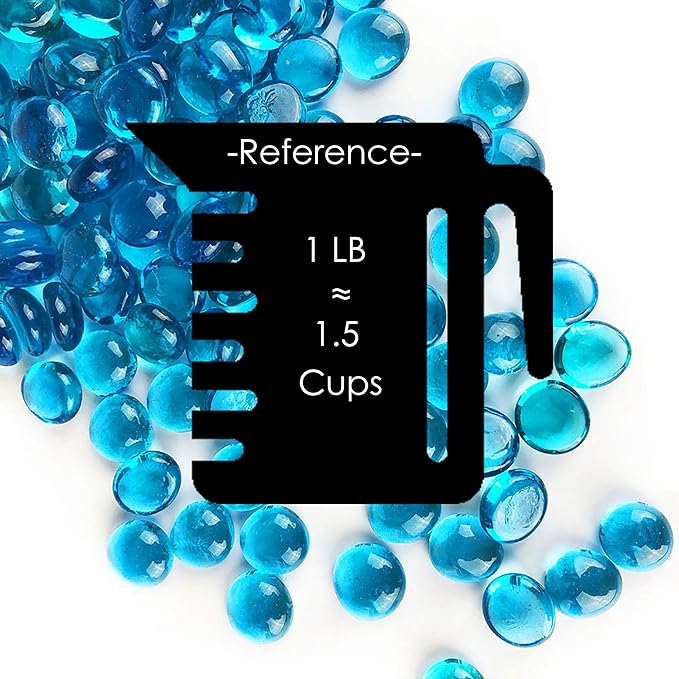 CYS EXCEL Light Blue Glass Gemstone Beads Vase Fillers (1 LB) Flat Marble Beads Multiple Color Choices Aquarium Decor Rocks Floral Stones Decorative Mosaic Glass Gem Pebbles (Approx. 85~100 PCS)